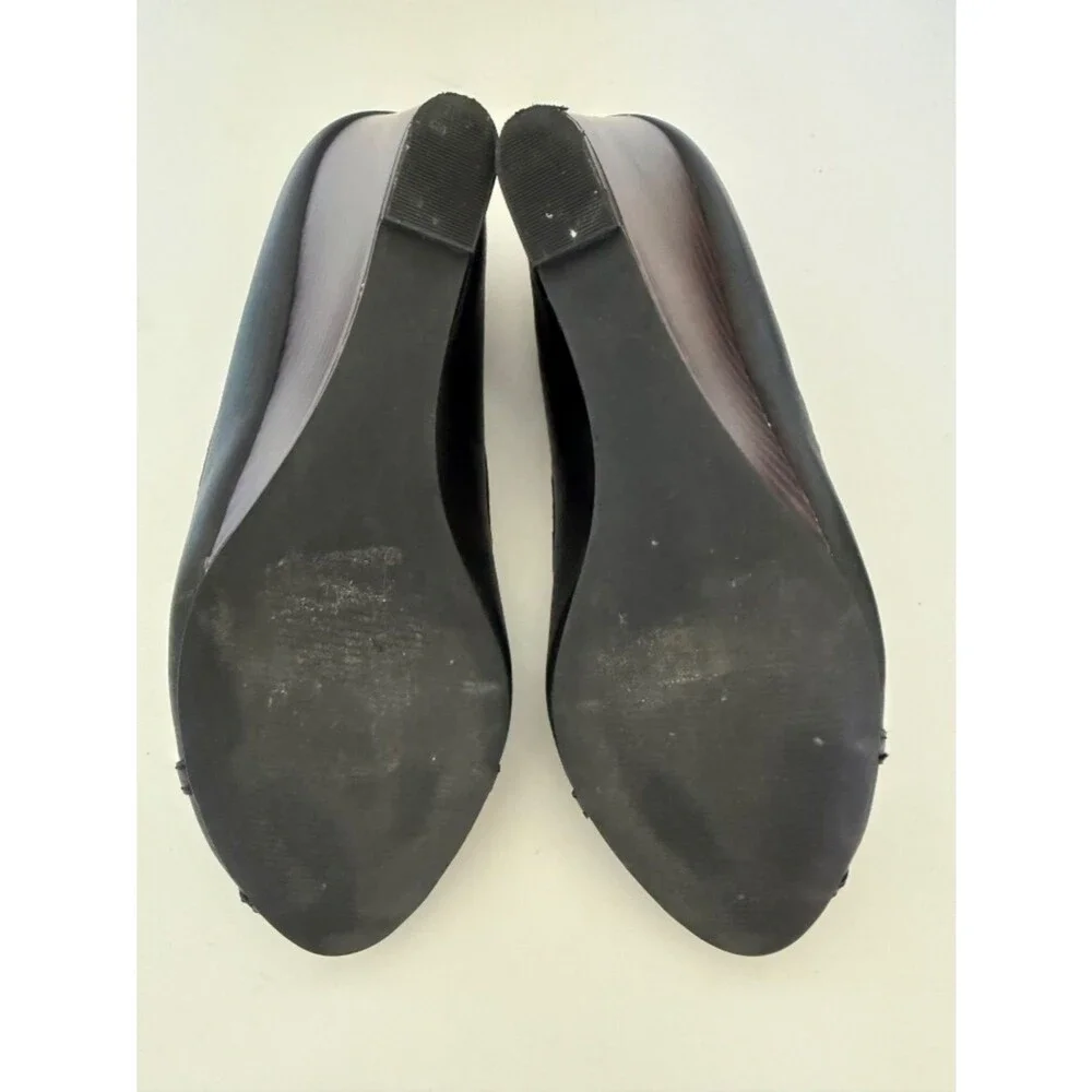 Saks Fifth Avenue Black Leather Peep Toe Wedge Heels 7M